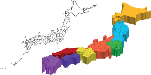 Simplified 3D Japan Map Isometric Style, Geographic Country Shape Illustration with Transparent Background Vector Design