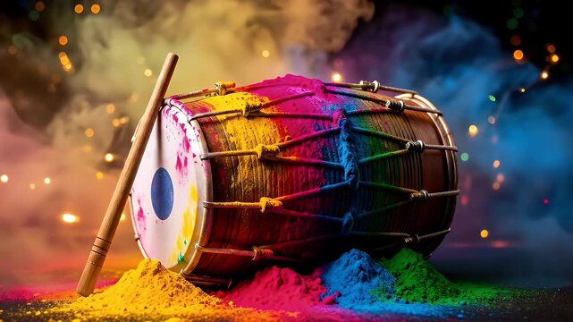 A traditional Indian dholak drum covered in vibrant Holi colors and powder, set against a smoky, festive background.
