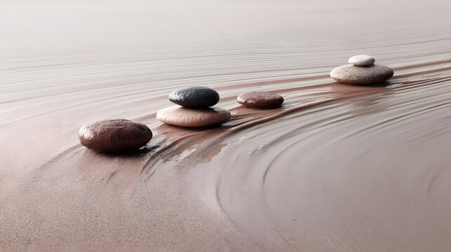 Zen stones on wet sand with flowing waves forming abstract patterns in a tranquil minimalist scene - Powered by Adobe