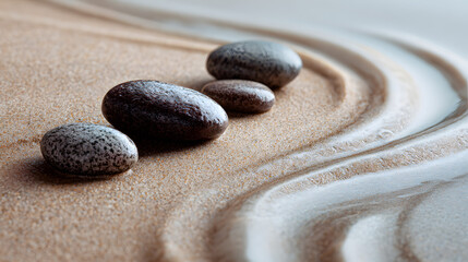 Zen stones on wet sand with flowing waves forming abstract patterns in a tranquil minimalist scene