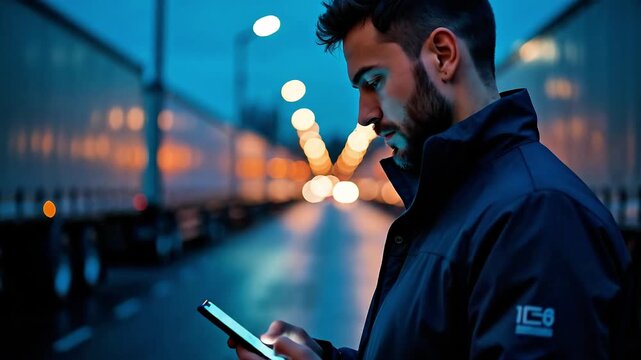 A man texting on a smartphone at night near parking trucks. Trucker using mobile communication for logistics and transportation.