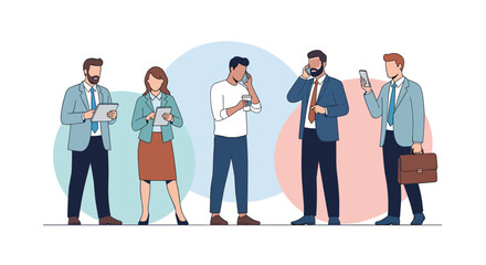 Obraz premium Business people standing and engaging with technology like tablets and smartphones, representing modern connectivity and workflow.