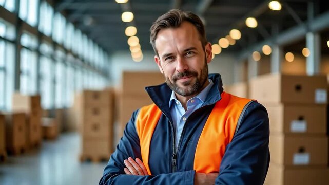 A businessman in an orange safety vest smiling, then with a neutral expression, and finally with an almost smiling face in a warehouse
