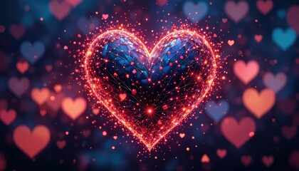 Glowing Geometric Heart with Red Sparks and Blurred Hearts