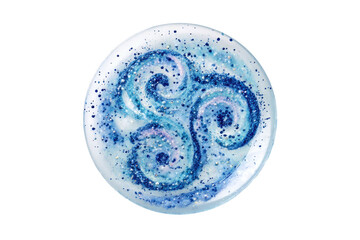 Circular blue-white swirl design with glitter accents