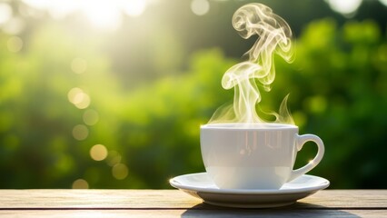 A pristine white cup and saucer holding hot, steaming coffee is gently placed on a rustic wooden table, basking in the soft morning light of a lush green garden.