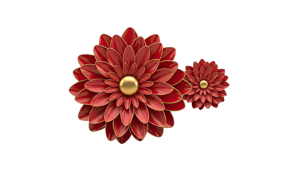 Two Red Chrysanthemum Flowers with Gold Accents on White Background