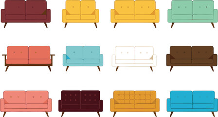 Modern sofa couch vector set featuring colorful living room seating furniture designs in multiple styles
