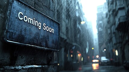 Rainy city street, "Coming Soon" sign, urban backdrop, website banner
