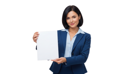 Businesswoman holding a blank document for presentation.