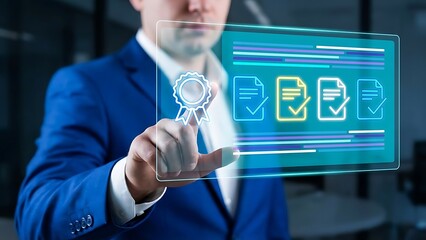 Businessman interacting with futuristic digital interface for quality control