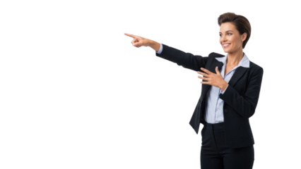 Businesswoman pointing to the left with a smile.