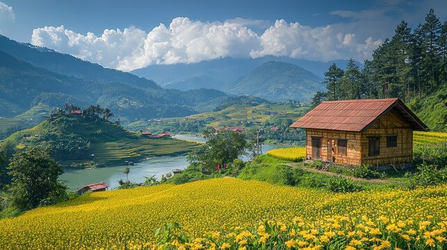 Mountain village house, rice terrace fields, river valley, sunny day