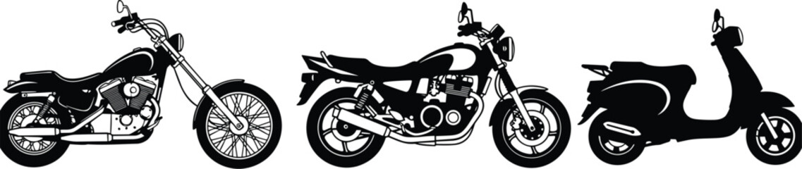 Motorcycle silhouettes set, classic cruiser, sport bike, cafe racer, scooter, black vector illustration isolated on white background for stock design ©  jahanara