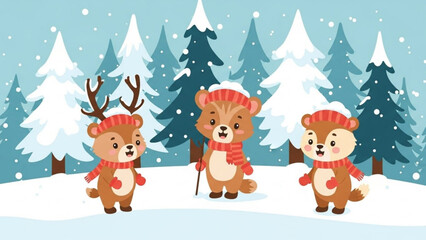 Cute cartoon animals in winter forest wearing hats and scarves with snow falling perfect for holiday greeting cards and childrens book illustrations