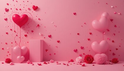 Pink hearts and roses on a pink background love romance