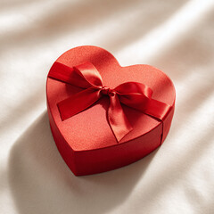 red heart shaped gift box with bow knot, generative ai