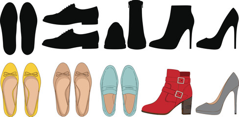 Shoe silhouettes, colored footwear, fashion icons, stylish shoes, elegant heels, trendy boots, men's loafers, women's flats, modern design, footwear collection