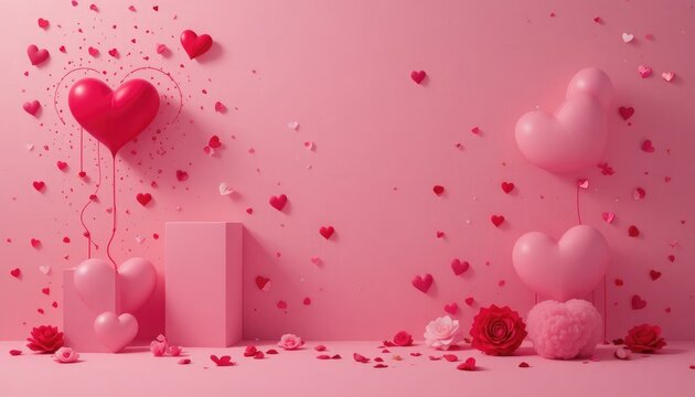 Pink hearts and roses on a pink background love romance - Powered by Adobe