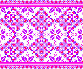 A vibrant traditional textile pattern featuring pixel-style geometric and floral motifs in purple, pink, red, and white, arranged symmetrically with decorative borders. Vector pixel art pattern