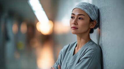 A focused healthcare professional in scrubs stands confidently against a hospital wall, showcasing dedication and resilience in a critical and demanding environment.