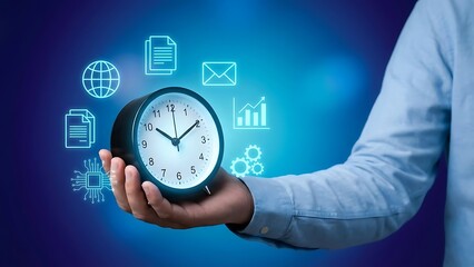 Person holding clock with digital icons representing time management