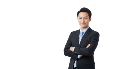 Confident Asian businessman with arms crossed on white background.