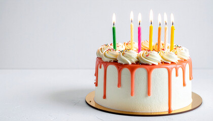 Birthday cake with colorful lit candles and white background