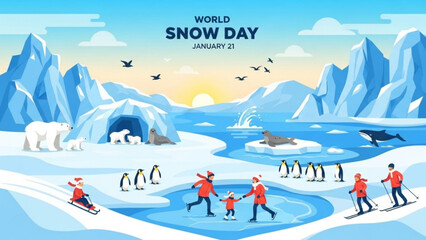 World Snow Day celebration with families enjoying winter activities in an arctic landscape featuring polar bears penguins seals and whales vector illustration for holiday promotion