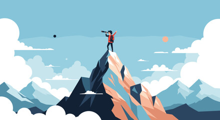 An adventurous explorer stands triumphantly on a majestic mountain peak, gazing through a telescope towards distant horizons.