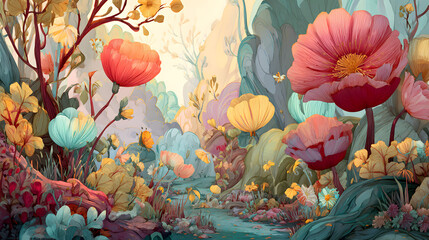Whimsical storybook fantasy garden background with oversized flowers pastel paths and dreamy magic