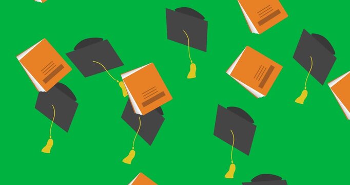 Animation of graduation college university hats and notebooks falling on black background