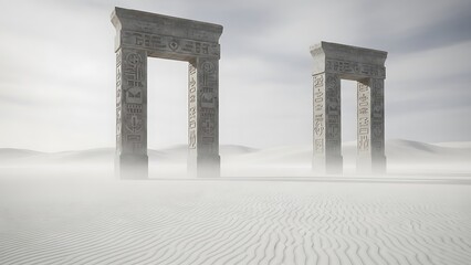 Ancient Egyptian style carved stone gate structures standing mysteriously amidst bright white desert dunes