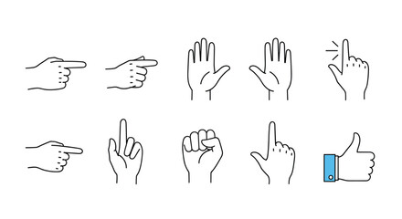 Fototapeta premium Collection of diverse hand gestures in a minimalist line art style, including pointing, open palm, fist, tap, and thumbs up.