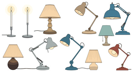 Collection of various desk lamps and table lighting fixtures in different styles and colors for interior design projects.