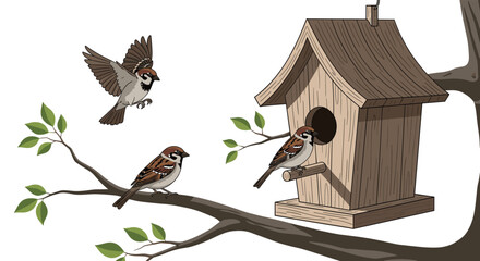 Small sparrows perching on a tree branch near a rustic wooden birdhouse in a serene outdoor setting for wildlife lovers.
