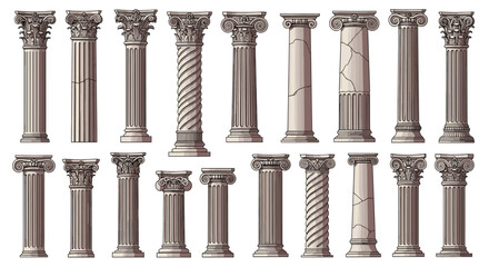 Set of architectural columns representing classical greek and roman styles like doric ionic and corinthian for building design.