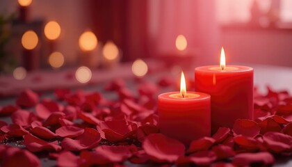 Two red candles burning surrounded by red rose petals