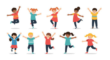 Happy diverse group of children jumping and dancing with joy isolated on a white background for school or play themes.