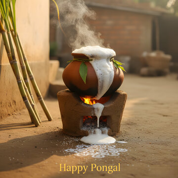 Happy pongal celebration with overflowing milk from the clay pot and sugarcane placed in the background. In an Aesthetic village environment.