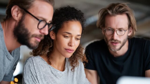 Collaborative Team Review Over Laptop Displaying Engagement and Focus Among Three Individuals in a Dynamic Work Environment