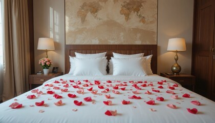 White bed with red and pink rose petals and pillows