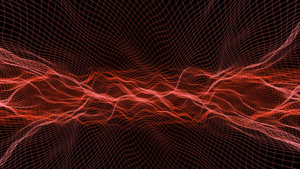 Red Wireframe Grid Forming a Wavy Surface on Black