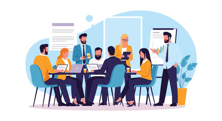 Business professionals collaborate in a productive team meeting, analyzing data and discussing strategies in a modern office setting.