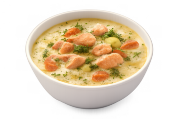 Creamy salmon soup with fresh dill and carrots in a white bowl, warm hearty seafood chowder meal, transparent background