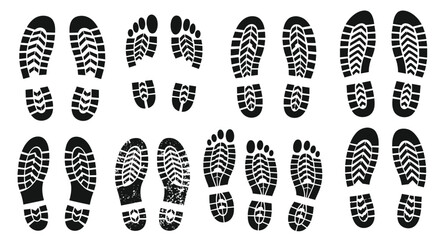 Selection of human footprints including shoe soles and bare feet in black silhouette style for tracking or investigative themes.