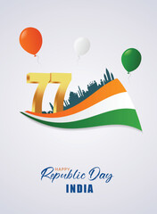 India Republic Day celebration illustration with patriotic ribbon, balloons and city skyline