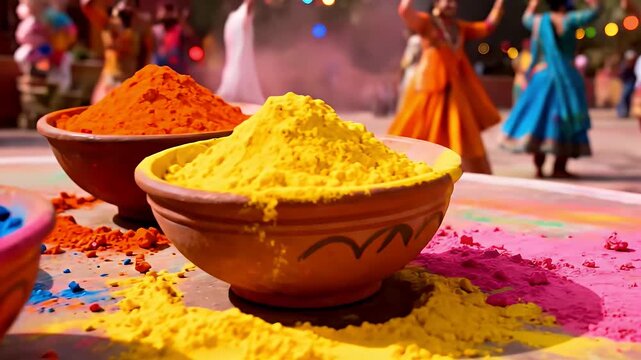 Close-up of vibrant colorful powders in bowls on the ground during the Hindu festival of Holi with people celebrating in the background.