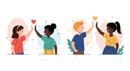 Happy, diverse children high-fiving each other, representing unity, friendship, and positive interactions.