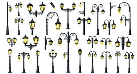 Variety of antique and classic street lamp posts with glowing lanterns for urban landscape design and nighttime city scenes.